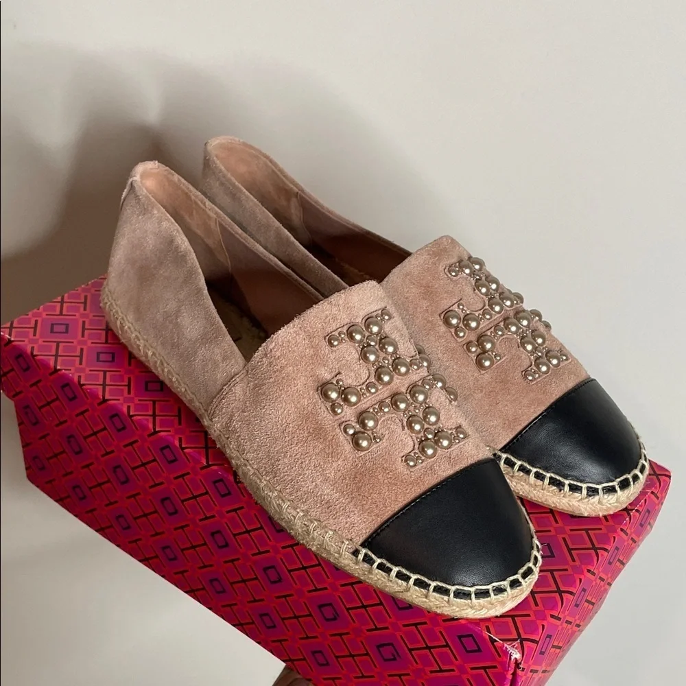 Tory Burch | Women’s Stud Pearls Logo Suede Espadrilles in Meadowsweet Size 10